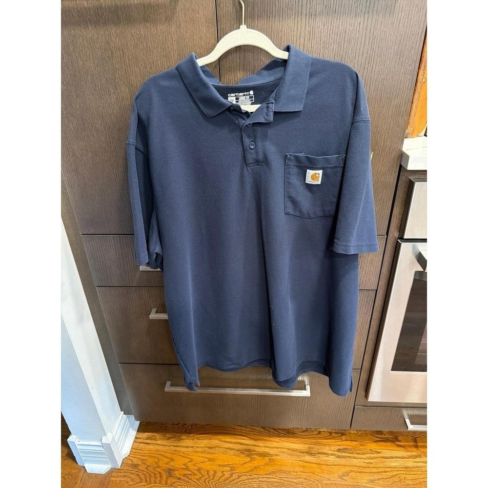 Carhartt navy blue polo shirt featuring a chest‎ pocket with a logo patch 2XL